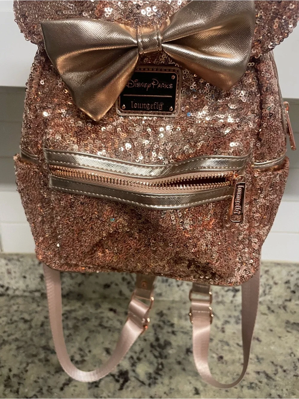 Disney Parks Loungefly Rose Gold Sequined Minnie Mouse Mini Backpack collectible
